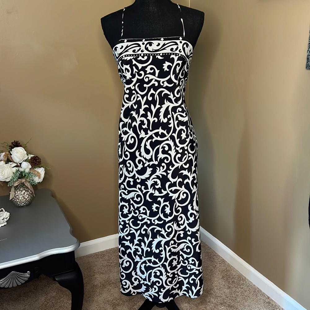 Vintage 90’s Cross Back Tilip Hem Slip Dress; Bold Graphic Black and White - Picture 3 of 9